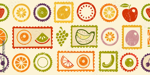 A colorful seamless pattern of various fruits in square and circle shapes