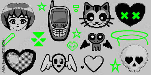 Pixel art collage featuring anime hearts skulls and retro tech elements