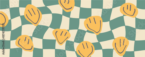 Groovy checkered background with psychedelic smile. Retro 70s - 60s Hippie Aesthetic wallpaper with Trippy distortion Grid. Vector modern Seventies Style illustration
