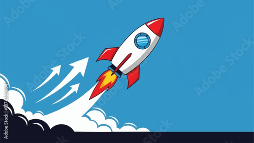 Rocket Ship Launching into Blue Sky with Smoke Trails.