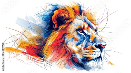 Colorful abstract illustration of a lion's head in profile. Modern stylized digital art with dynamic splashes of color on a white background. Symbol of power and strength