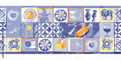 Decorative tile pattern featuring citrus fruits fish and dining elements
