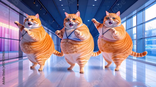 Three cartoon cats dancing in a futuristic hallway with neon lights