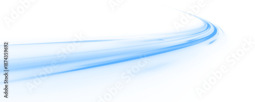 Glowing blue neon laser lines twist along city streets. Light trail waves, motion swirls, and energy lines highlight dynamic traffic flow and speed. Vector illustration PNG.