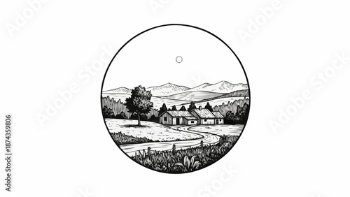Rural landscape with houses and rolling hills in a circle.