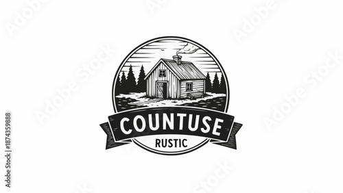 Rustic Cabin Logo Design with Trees and Mountains.