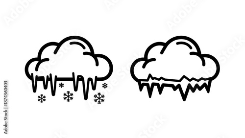 Winter Storm and Freezing Rain Clouds Outline Icon Set with Icicles and Falling Snowflakes