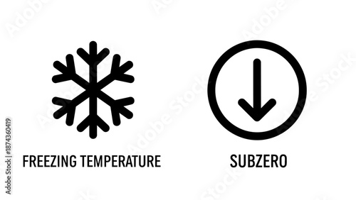 Freezing Temperature and Subzero Weather Icon Set with Snowflake and Downward Arrow Symbol