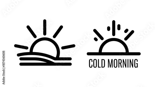 Minimalist Sunrise Icons Representing a Cold Morning with Hazy Horizon Lines and Morning Sunlight Symbols
