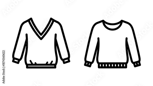 Vector Graphic Icons of Classic Long Sleeve Sweaters with V-Neck and Round Collar Designs for Clothing Catalogs