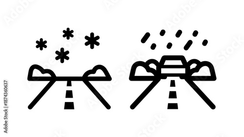 Road Safety Weather Icons Depicting Snowy and Rainy Driving Conditions with Piles of Snow and Sleet on Highway