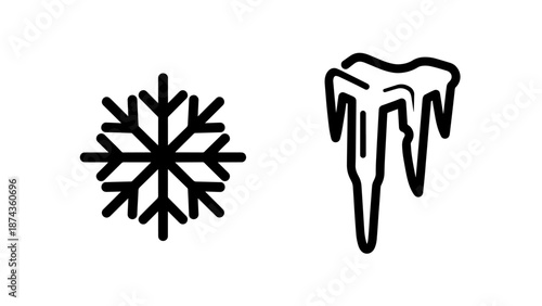 Winter weather line icon set featuring a symmetrical snowflake and sharp hanging icicles for freezing temperature concepts.