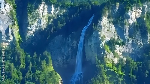Majestic mountain landscape with a powerful waterfall cascading into a river surrounded by lush green forest.
