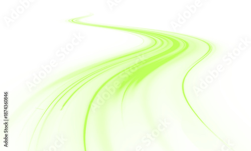 Glowing green neon laser streaks move across city highways. Biofuel cars save nature. Light wave trails, motion swirls, energy lines show dynamic speed and traffic flow. Vector PNG. 