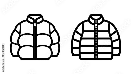 Set of Linear Vector Icons Showing Puffer Jackets and Quilted Down Coats for Cold Weather Gear