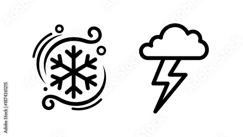 Winter Storm Icons Featuring a Swirling Snowflake Blizzard and a Lightning Storm Cloud Symbol