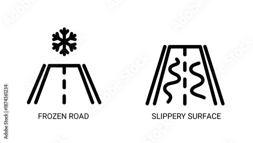 Winter road safety icons depicting frozen road and slippery surface warning symbols
