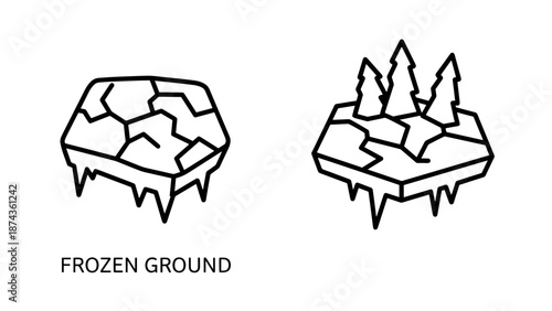 Black and white vector icons of frozen ground and cracked ice with pine trees