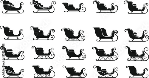 Christmas Santa sleigh silhouette vector collection, winter holiday sled icons set, festive reindeer transportation, black decorative shapes for greeting cards, seasonal graphic elements.