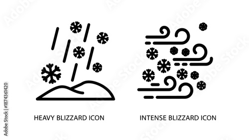 Heavy and Intense Blizzard Weather Icons Set with Swirling Wind and Falling Snowflakes Symbols