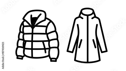 Winter Outerwear Clothing Icons Representing a Warm Puffer Jacket and a Long Seasonal Coat