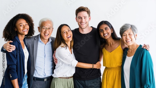A diverse group of friends, including men and women of various ages, smiling and embracing each other in a bright studio setting. Friendship and joy.