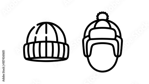 Set of Winter Hat Icons Featuring Beanie and Trapper Hat Styles, Line Art Illustration of Warm Headwear for Cold Weather Fashion Design