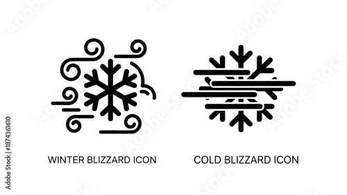 Winter Blizzard and Cold Wind Weather Icons, Snowflake and Gusty Wind Line Art Illustration for Severe Storm and Meteorological Conditions