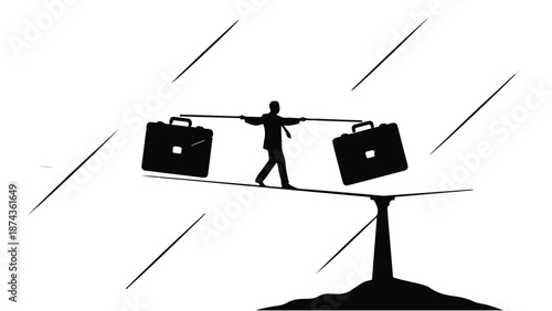 Businessman balancing on tightrope with briefcases in stormy weather