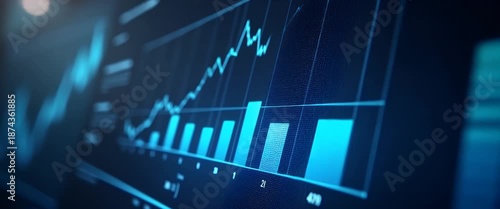 Dynamic financial graphs rise and fall on a digital screen, with a slow panning camera revealing fluctuating data points; cinematic, high-tech ambiance enhances analytical focus.