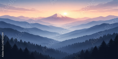 Sunrise and sunset in the mountains with a peak view of the forest and snow under a misty sky at dawn