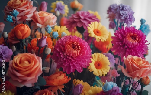 Vibrant flowers arranged in a lush bouquet captured from a close-up viewpoint showcasing diverse colors and intricate details