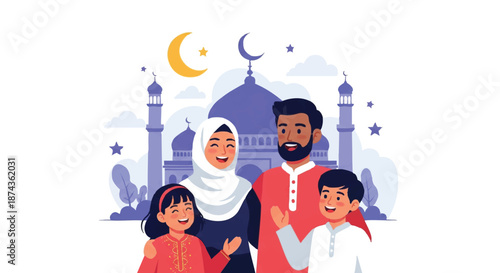 A diverse Muslim family celebrating Ramadhan with traditional attire standing in front of a mosque with a crescent moon and stars.