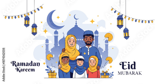 Diverse Muslim family celebrating Ramadhan Kareem and Eid Mubarak with festive decorations and a mosque silhouette under the crescent moon in a clean 2D flat vector illustration.