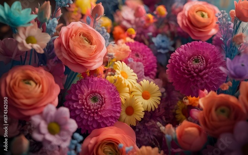 A vibrant floral arrangement featuring roses, gerbera, and chrysanthemums in various colors