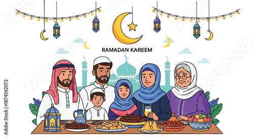 A diverse Muslim family celebrating Ramadhan together at a festive dinner table with traditional food and decorations.