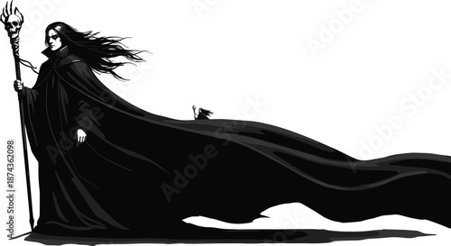 Dark necromancer wizard with skull staff and long flowing cloak for architectural cad drawing flat vector illustration fantasy character design