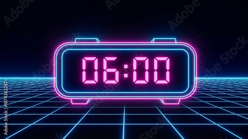 Digital alarm clock displaying 06:00 in neon retro style  