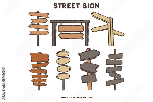 Rustic Hand Drawn Wooden Sign Post Vector Set (Doodle Style)
