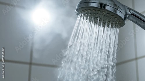 Close-up of hot shower water running, steam rising, and droplets covering the bathroom tile