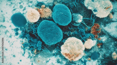 Close view of cells under a microscope showing various shapes and colors