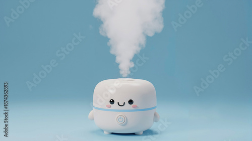Humidifier with cute face releasing steam on blue background  