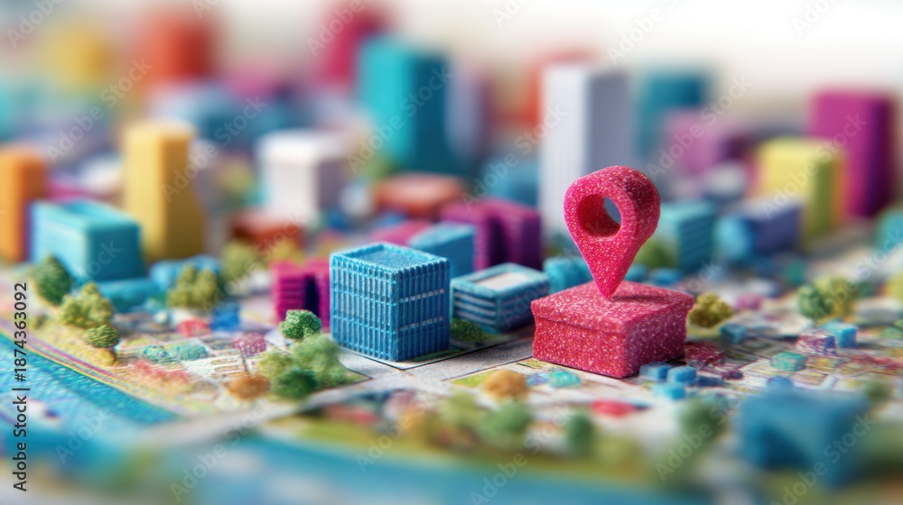 Fototapeta premium Colorful city model with landmarks and location markers displayed clearly