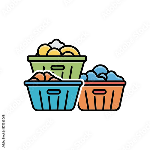 Three colorful laundry baskets filled with clothes, isolated on white background.