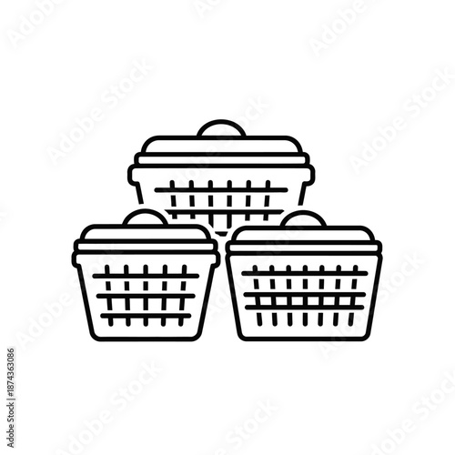 Three Empty Laundry Baskets Stacked Together, Minimalist Line Art Icon