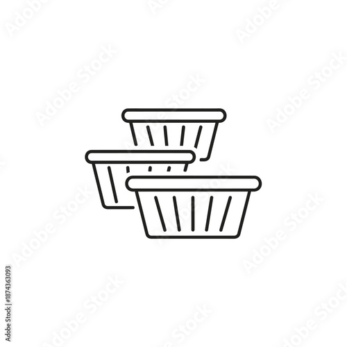 Three empty shopping baskets in a row, clean line art icon on white background