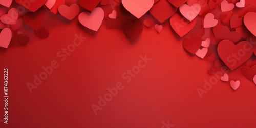 Red Valentine's Day greeting card design with cut out red paper hearts and copy space on red background