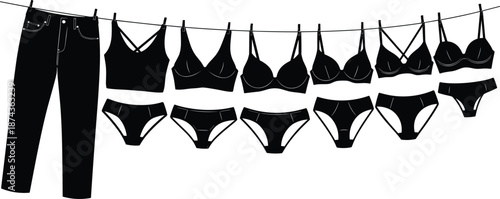 Clothesline with hanging garments, black silhouette underwear and bras, domestic laundry scene, fashion icon set, white background illustration