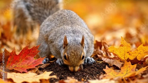 Squirrels Foraging on Autumn Leaves Forest Floor.