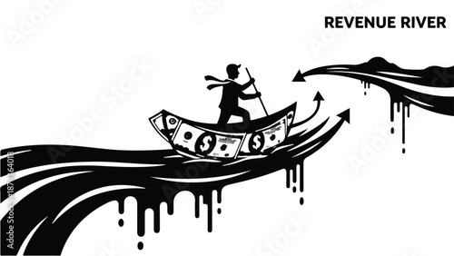 Man navigating boat made of money on flowing river with arrows